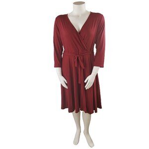 Women's 3/4 Sleeve Faux Wrap V-Neck Self Tie Belt A-Line Relaxed Jersey Dress XL